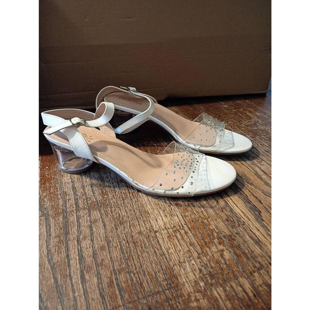 Size 10 Dream Pairs White Clear Rhinestone Low Chunky Round Heel Sandals Shoes